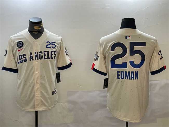 Mens Los Angeles Dodgers #25 Tommy Edman Cream 2024 World Series With Fernando Memorial Patch City Connect Limited Stitched Jersey